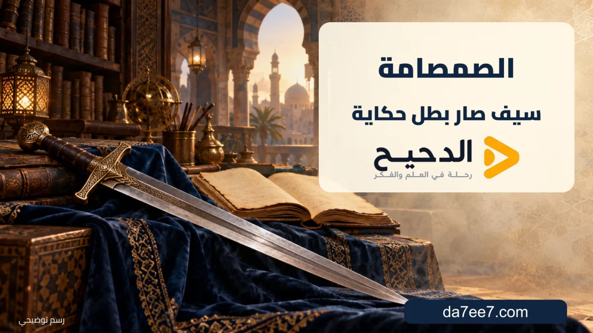 رسم توضيحي لسيف مستقيم أمام كتاب في مكتبة، يحمل اسم الصمصامة وشعار الموقع.