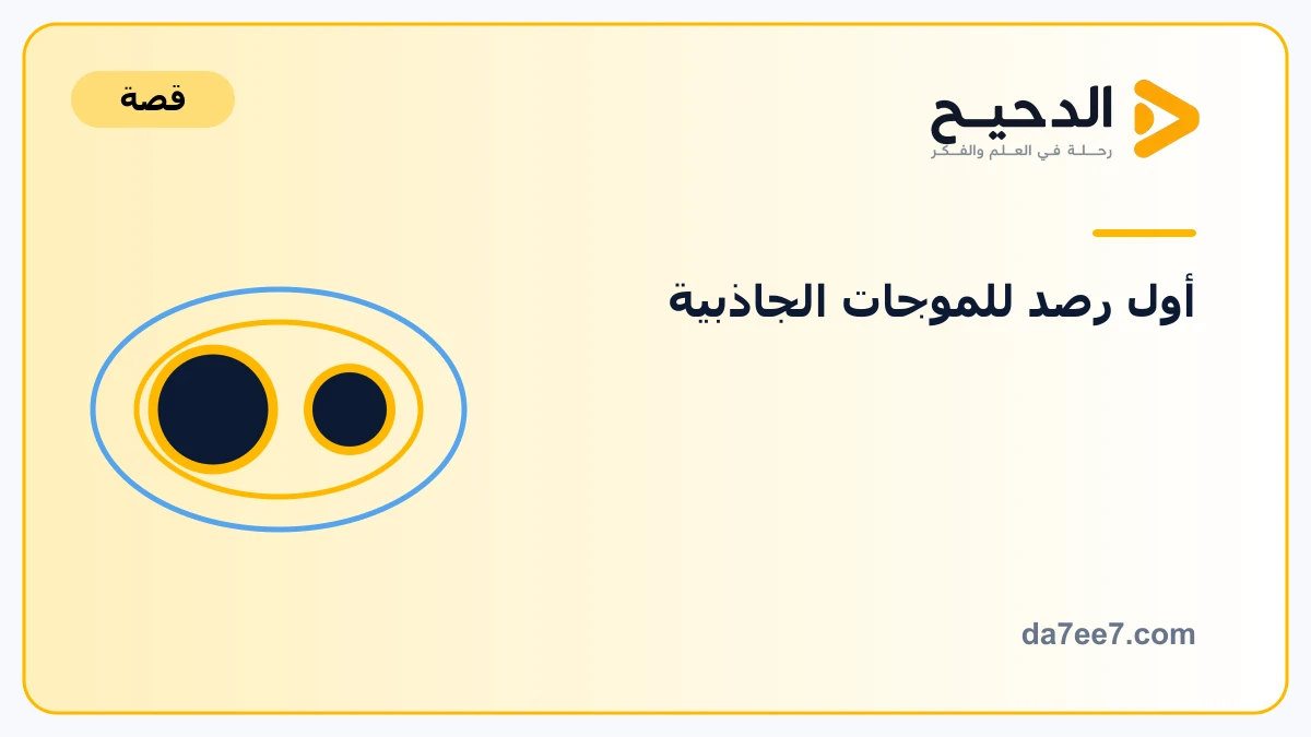 قصة GW150914: كيف رُصد اندماج ثقبين أسودين؟ — رسم توضيحي مع عنوان الموضوع وشعار الدحيح ورابط الموقع.