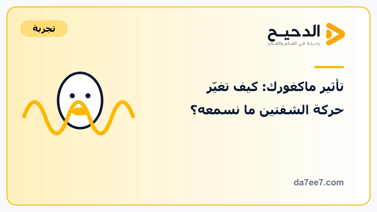 تأثير ماكغورك: كيف تغيّر حركة الشفتين ما نسمعه؟ — رسم توضيحي مع عنوان الموضوع وشعار الدحيح ورابط الموقع.