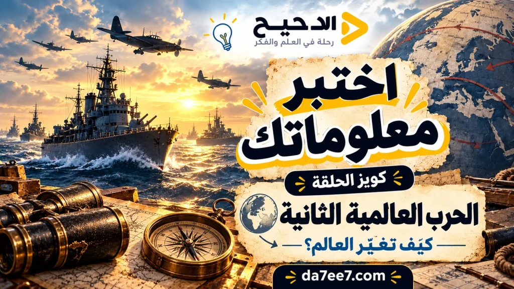 غلاف توضيحي لكويز الحرب العالمية الثانية مع سفينة وطائرات وبوصلة وخريطة دون صورة شخصية