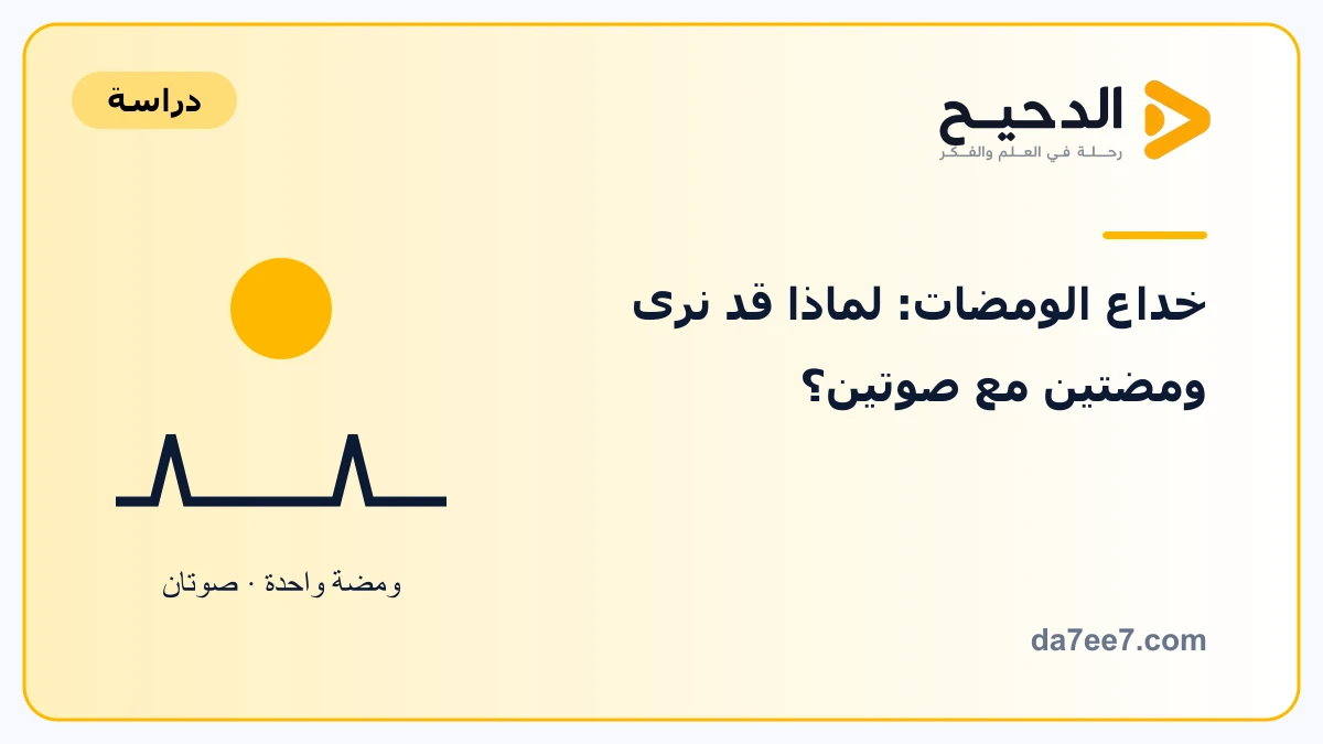خداع الومضات: لماذا قد نرى ومضتين مع صوتين؟ — رسم توضيحي مع عنوان الموضوع وشعار الدحيح ورابط الموقع.