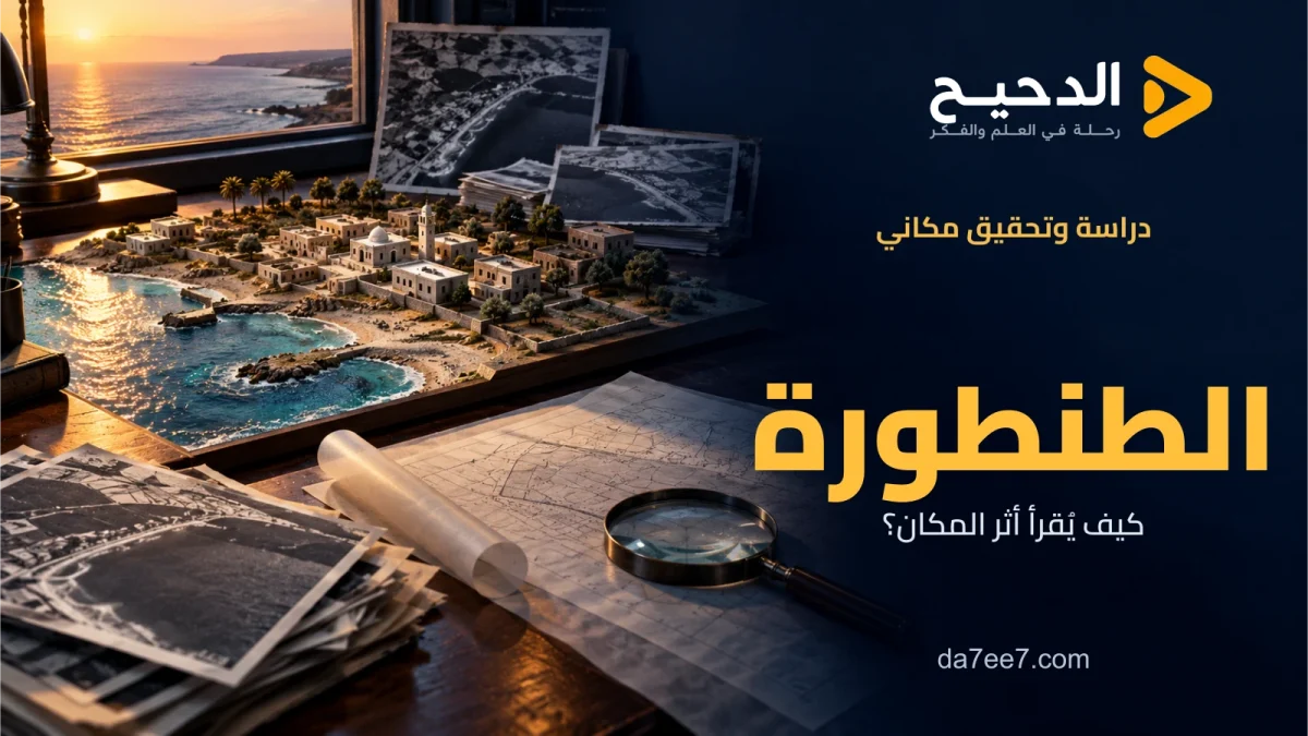 رسم توضيحي لنموذج قرية ساحلية وصور جوية وأدوات بحث، بعنوان الطنطورة وشعار الدحيح.