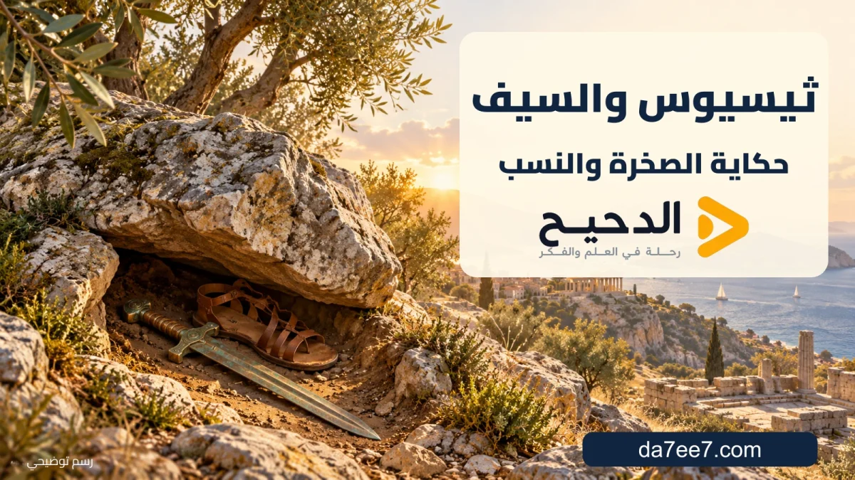 رسم توضيحي لحكاية ثيسيوس والسيف والنعلين تحت صخرة، مع اسم القصة وشعار الموقع.